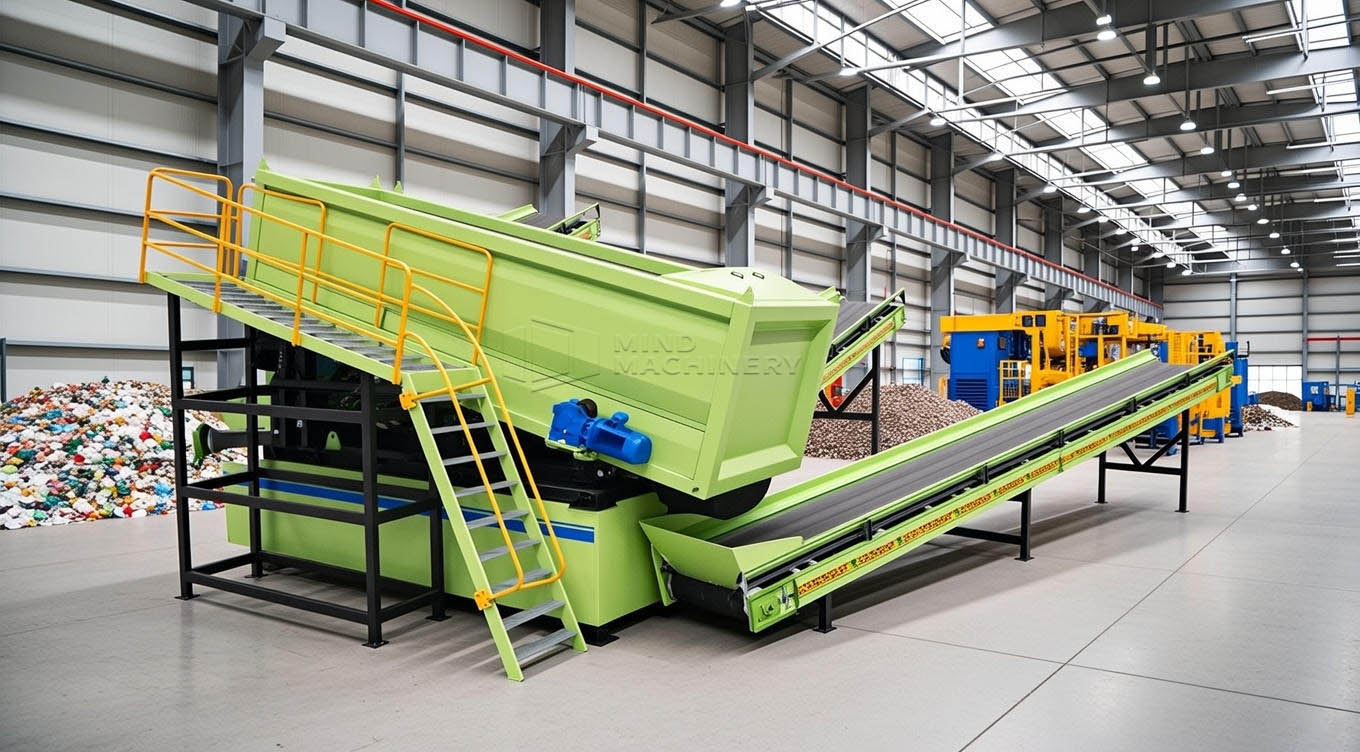 Green ballistic separator with an access platform and conveyors in an industrial building
