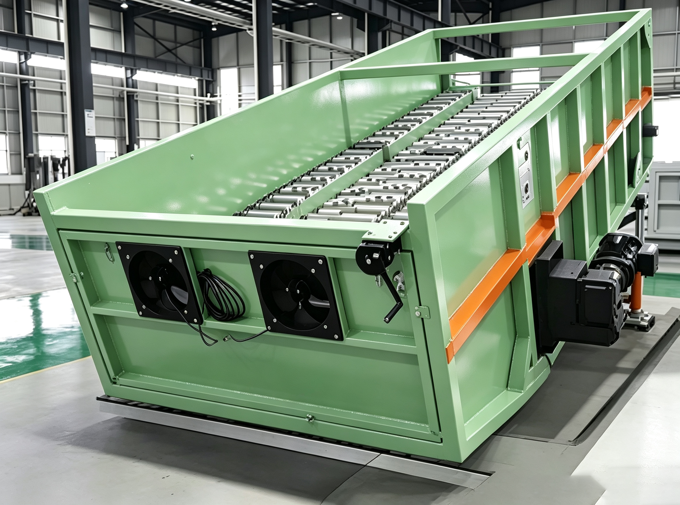Green ballistic separator with an inclined deck and front-mounted fans