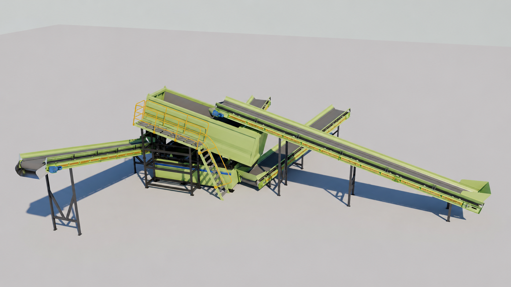 Three-dimensional illustration of a ballistic separator with its feed and discharge conveyors and access platform